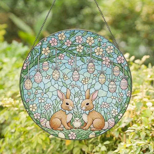 Bunnies Chick Easter Eggs Spring Floral - Easter Holiday Home Decor Gift for Rabbit Lover Stained Glass Suncatcher