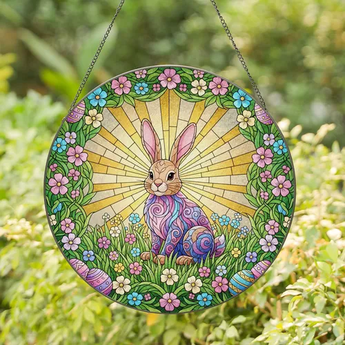 Easter Bunny Easter Eggs Spring Flowers Vines Golden Light - Easter Home Decor Gift Stained Glass Suncatcher