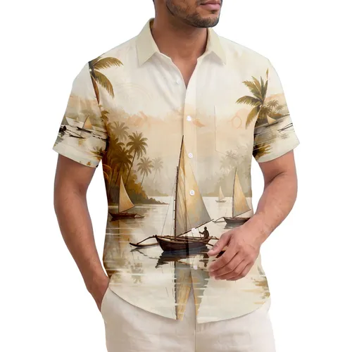 Traditional Wooden Sailboats Palm Trees Coastal - Home Decor Gift Hawaiian Shirt