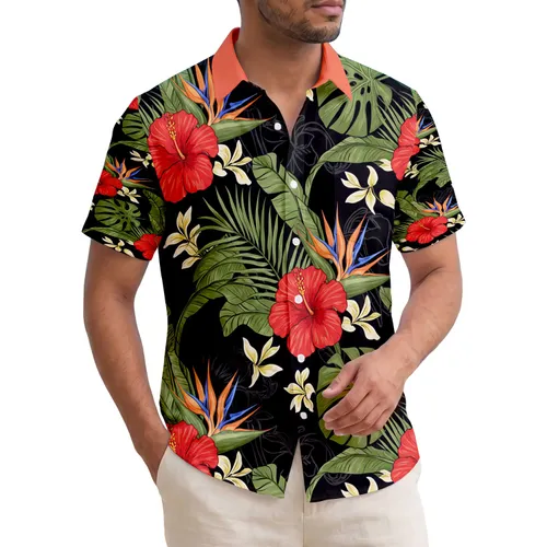 Red Hibiscus Bird of Paradise Tropical Leaves - Home Decor Gift Hawaiian Shirt