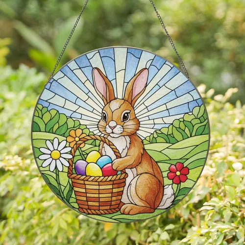 Easter Bunny Egg Basket Flowers - Easter Holiday Gift Stained Glass Suncatcher