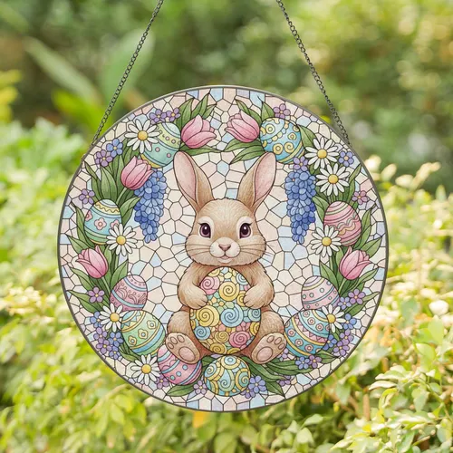 Fluffy Bunny Easter Egg Floral Wreath - Easter Gift for Bunny Lovers Stained Glass Suncatcher