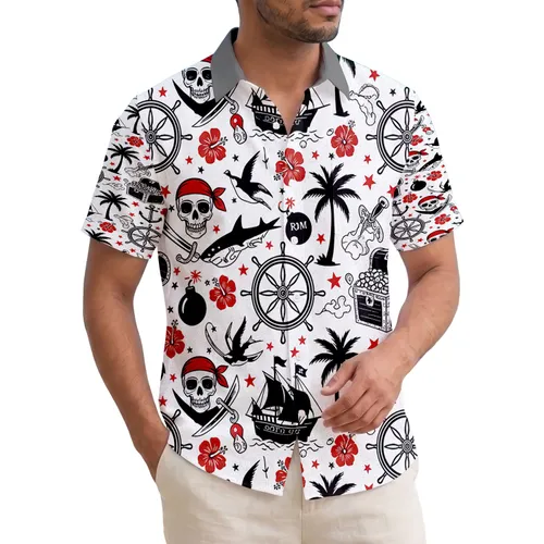 Pirate Skull Ship Treasure Anchor Tropical Palm Hibiscus - Travel Essentials Hawaiian Shirt