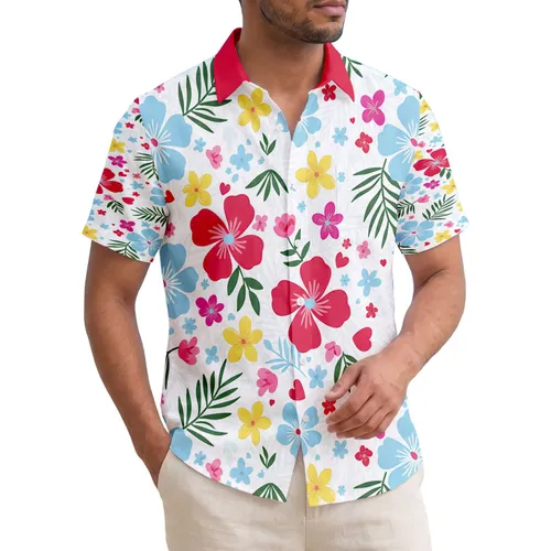 Tropical Flowers Green Leaves Red Blue Hearts - Everyday Tropical Island Style Hawaiian Shirt