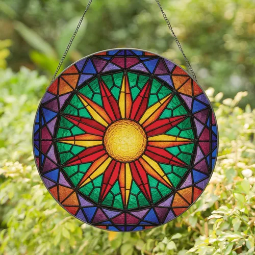 Sun's Core Disc Petal Segments Corona Circular Border Textured Glass Panels - Home Decor Gift Stained Glass Suncatcher