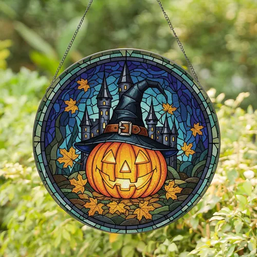 Jack-o'-lantern Witch Hat Maple Leaves Spooky Castle Twilight - Halloween Home Decor Gift Stained Glass Suncatcher