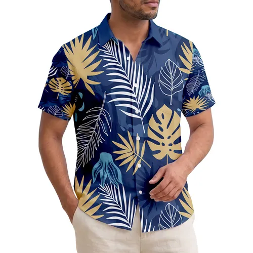 Golden Tan Navy White Tropical Leaves Palm Fronds Wispy Foliage - Everyday Essentials Gift Hawaiian Shirt