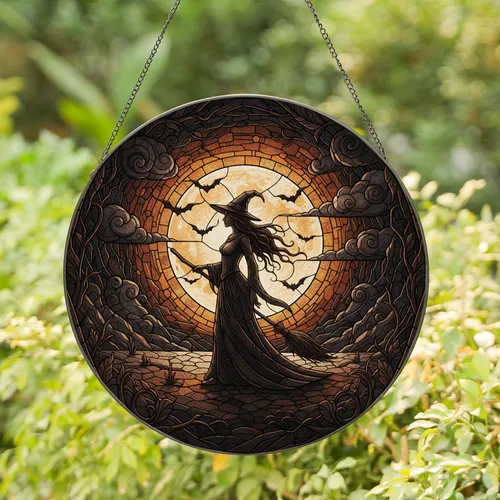 Witch Full Moon Bats Cloud Formations - Halloween Home Decor Gift for Witch Lover Stained Glass Suncatcher