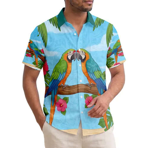 Macaws Hibiscus Flowers Palm Trees Beach Ocean - Tropical Vacation Gift Hawaiian Shirt