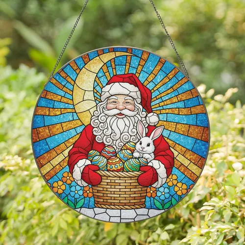 Santa Claus Easter Eggs Rabbit Crescent Moon Cobblestone Flowers - Holiday Decor Gift Stained Glass Suncatcher