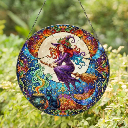 Witch Broomstick Full Moon Black Cat Cauldron Crescent Moons Floral Mandala - Halloween Decor Gift Stained Glass Suncatcher
