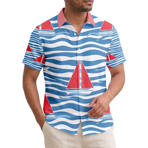 Stylized Sailboats Ocean Waves Dynamic Stripes - Coastal Decor Gift for Beach Lovers Hawaiian Shirt