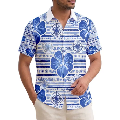 Hibiscus Plumeria Starburst Stripe Tropical Flowers - Everyday Beach Vacation Gift Hawaiian Shirt