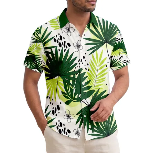 Broad Fan Palm Pinnate Leaves Tropical Foliage Black Dots Splatter - Home Decor Gift Hawaiian Shirt