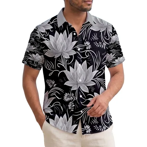 Tropical Lotus Flowers Wispy Botanical Accents Curving Lines - Everyday Home Decor Gift Hawaiian Shirt