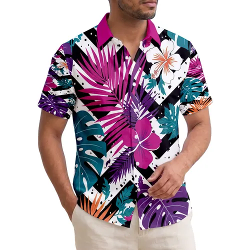 Monstera Palm Hibiscus Foliage Chevron - Home Decor Gift Hawaiian Shirt