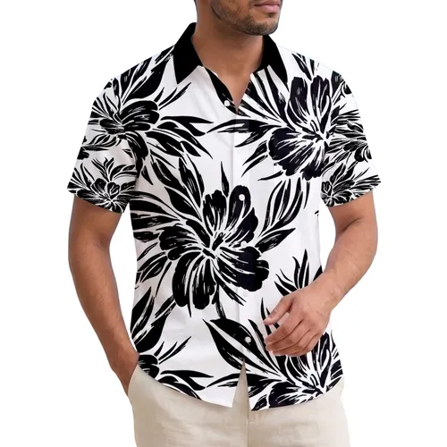 Black Brushstroke Tropical Hibiscus Flowers Leaves High Contrast Monochrome Home Decor Gift Hawaiian Shirt