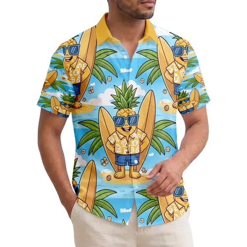 Smiling Pineapple Character Sunglasses Surfboard Scene - Summer Vacation Lifestyle Gift Hawaiian Shirt