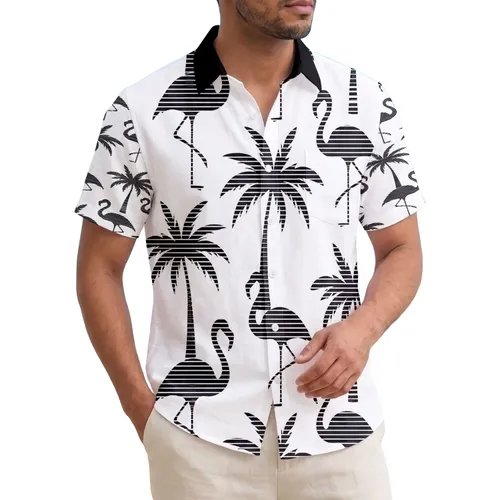 Black Flamingos Palm Trees Hawaiian Island Lifestyle - Tropical Vacation Gift Hawaiian Shirt