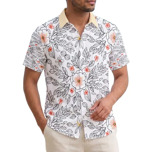 Tropical Five-Petal Outline Flowers Coral Heart Leaves - Travel Essentials Gift Hawaiian Shirt