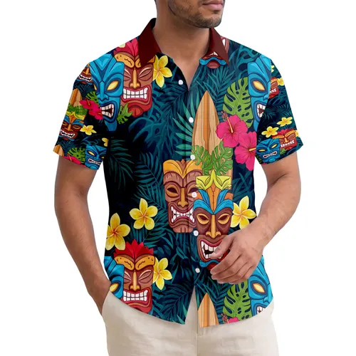 Tiki Masks Surfboards Tropical Flowers - Island Vacation Lifestyle Gift for Beach Lover Hawaiian Shirt