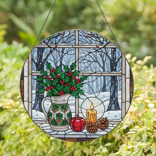 Holly Berries Candle Apple Pinecones Snow Window - Christmas Home Decor Gift Stained Glass Suncatcher