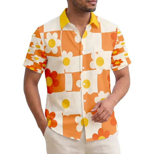 Orange White Yellow Rounded Petal Daisy Flowers Organic Checkerboard Tropical Lifestyle Gift Hawaiian Shirt