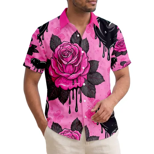 Hot Pink Roses Melting Black Hearts Tropical Floral - Distinctive Home Decor Gift Hawaiian Shirt