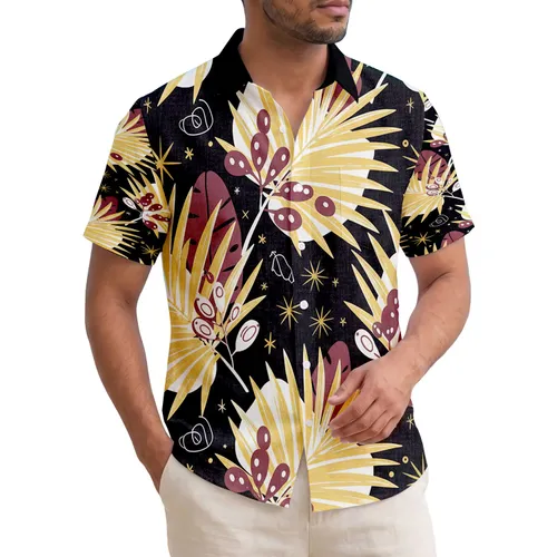 Broad Tropical Palm Fronds Leafy Botanicals Berry Clusters Organic Shapes - Home Decor Gift Hawaiian Shirt