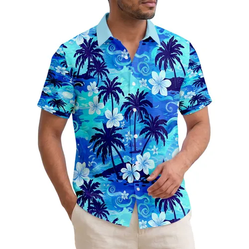Tropical Palm Trees Ocean Waves Sailboat Flowers - Beach Vacation Home Decor Gift Hawaiian Shirt