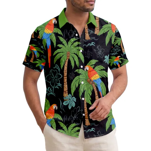 Macaws Towering Palm Trees Tropical Foliage Black Background - Home Decor Gift for Wildlife Lovers Hawaiian Shirt