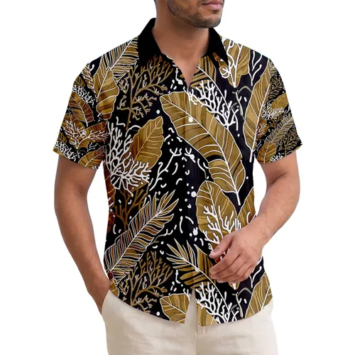 Golden Brown Sepia Tropical Leaves Coral Structures Deep Black Background - Beach Lifestyle Gift Hawaiian Shirt
