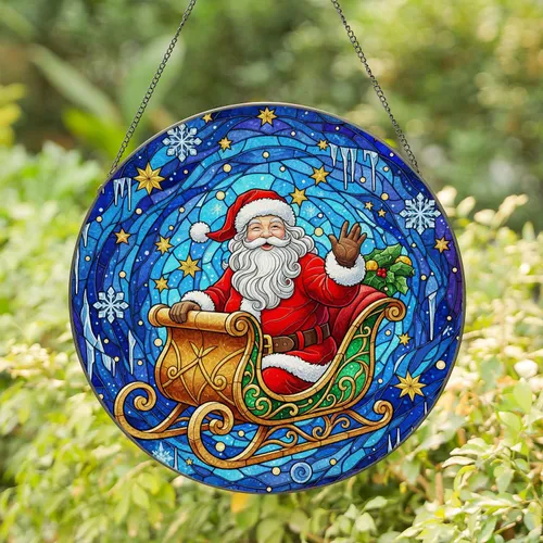 Santa Claus Sleigh Celestial Stars Snowflakes - Christmas Season Home Decor Gift Stained Glass Suncatcher