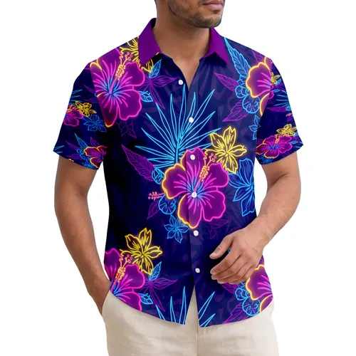 Glowing Hibiscus Tropical Leaves Dark Midnight Blue - Home Decor Gift for Everyday Living Hawaiian Shirt