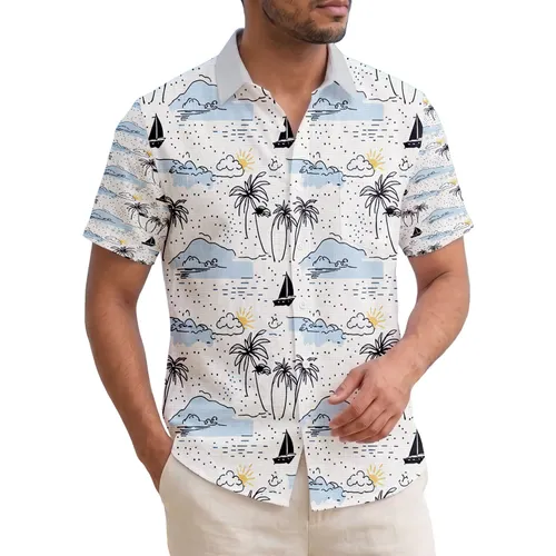 Palm Trees Sailboats Hills Sun Clouds - Tropical Island Vacation Gift for Travelers Hawaiian Shirt