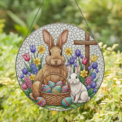 Rabbits Easter Eggs Spring Flowers Rustic Cross - Easter Holiday Gift Stained Glass Suncatcher