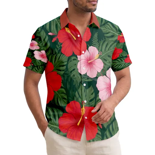 Hibiscus Flowers Golden Stamens Tropical Leaves - Tropical Island Getaway Hawaiian Shirt