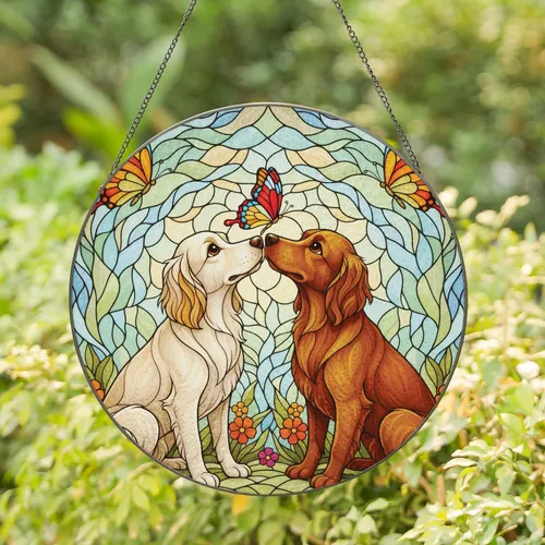 Sitting Cream Russet Dogs Butterfly Foliage Flowers - Home Decor Gift for Dog Lover & Garden Enthusiast Stained Glass Suncatcher