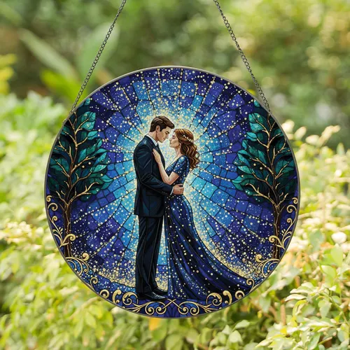 Loving Couple Evergreen Trees Golden Scrollwork - Home Decor Gift Stained Glass Suncatcher