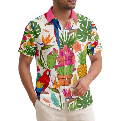 Pineapple Scarlet Macaw Bird of Paradise Cacti - Tropical Home Decor Gift Hawaiian Shirt