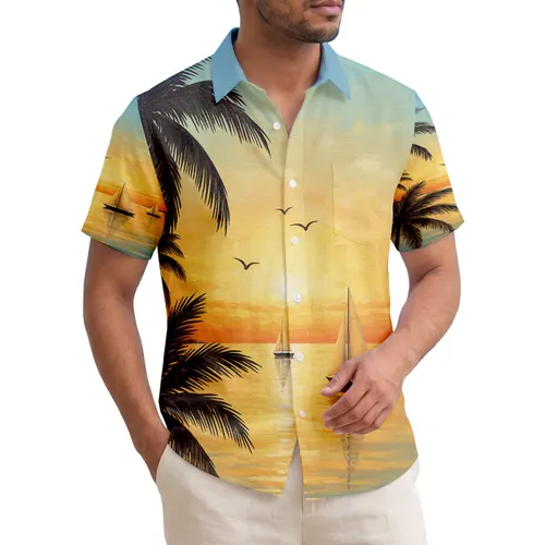 Golden Sunset Sailboats Palm Trees Soaring Birds - Tropical Home Decor Gift Hawaiian Shirt