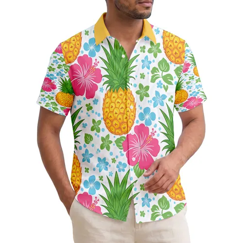 Pineapple Hibiscus Four-Petal Floral White Background - Tropical Home Decor Gift Hawaiian Shirt