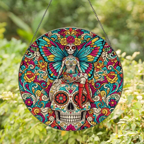 Day of the Dead Skull Fairy Floral Butterfly Wings Ornate Sugar Skull - Holiday Home Decor Stained Glass Suncatcher