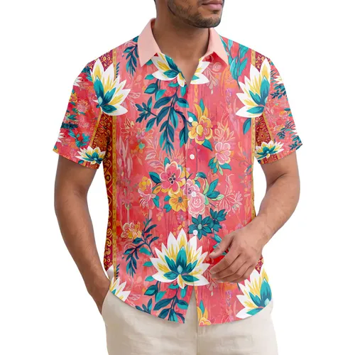 Vibrant Tropical Flowers Multi-Petal Rose Foliage Geometric Bands - Home Decor Gift Hawaiian Shirt