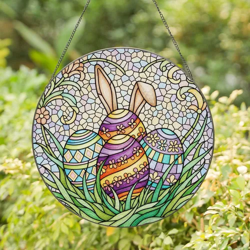 Trio Easter Eggs Tall Rabbit Ears Green Grass Floral - Easter Celebration Home Decor Gift Stained Glass Suncatcher