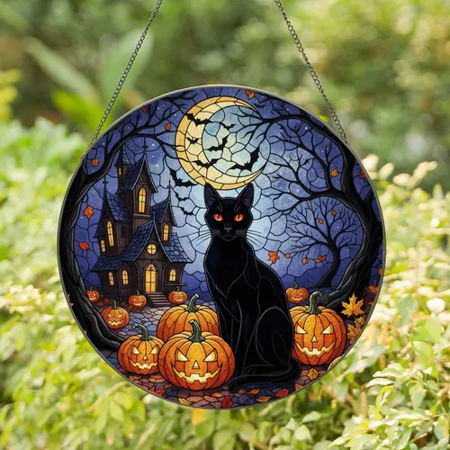 Black Cat Jack-o'-Lantern Moon Haunted House - Halloween Decor Gift for Cat Lover Stained Glass Suncatcher