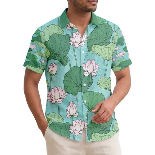 Open Lotus Flowers Large Heart Leaves Aqua Blue - Tropical Botanical Lover Gift Hawaiian Shirt