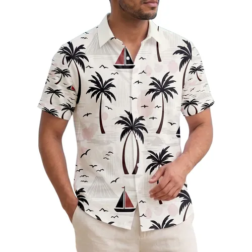 Tropical Palm Trees Sailboats Island Peaks Sea Birds - Travel Lover Gift Hawaiian Shirt