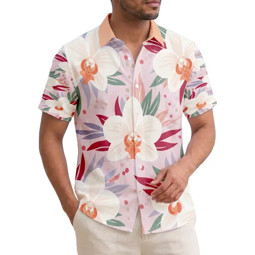 Tropical Orchid Leaf Petal Floral Soft White Green Red - Island Life Home Decor Gift Hawaiian Shirt
