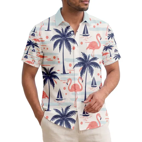 Flamingo Palm Tree Sailboat Sun Horizon - Home Decor Gift for Tropical Lovers Hawaiian Shirt